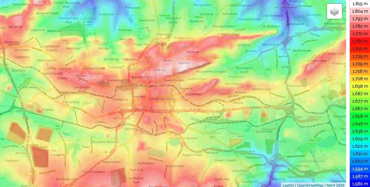 Johannesburg (Joburg Jozi) mapa de elevação