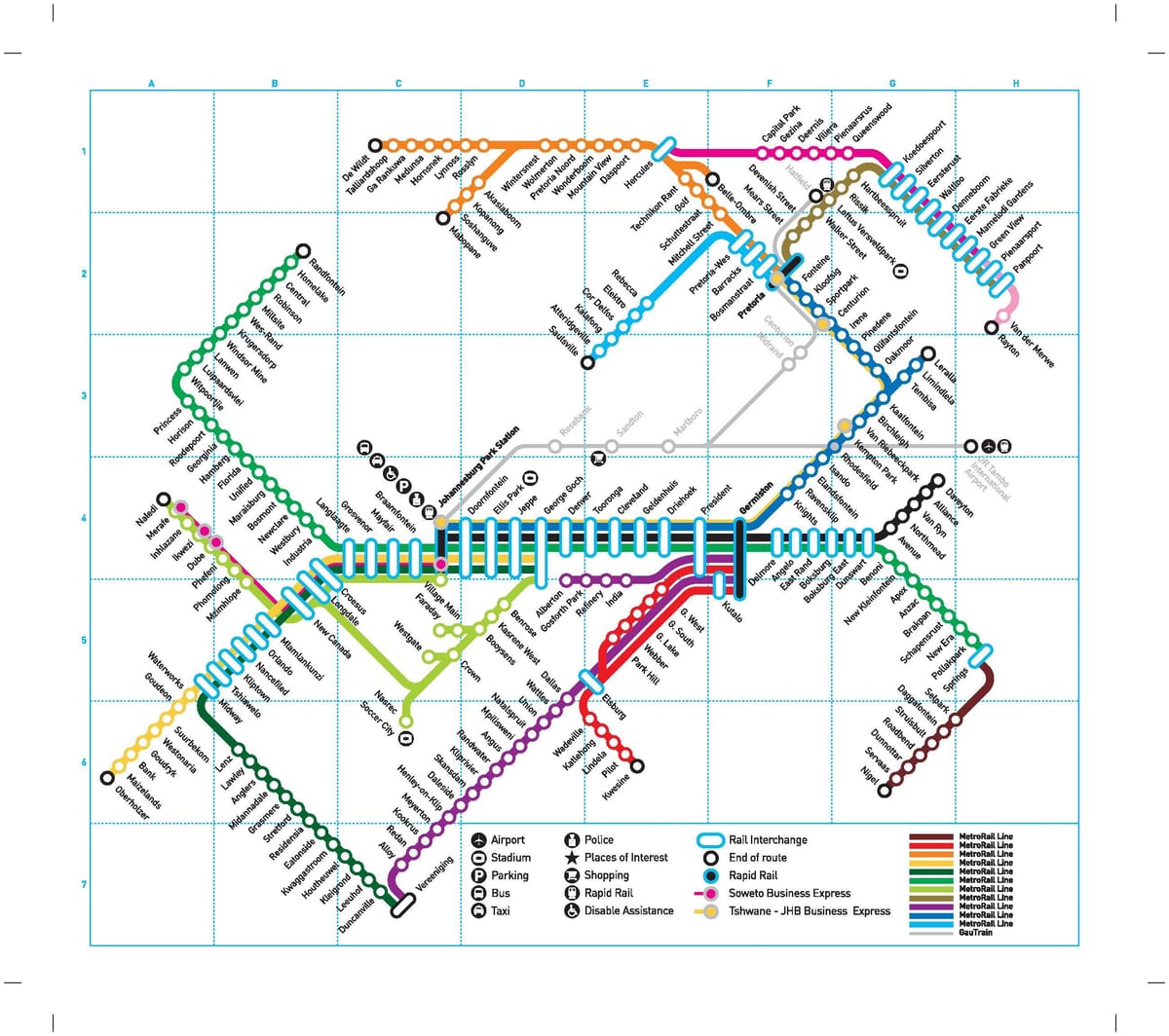 Mapa das estações ferroviárias de Joanesburgo (Joburg Jozi)