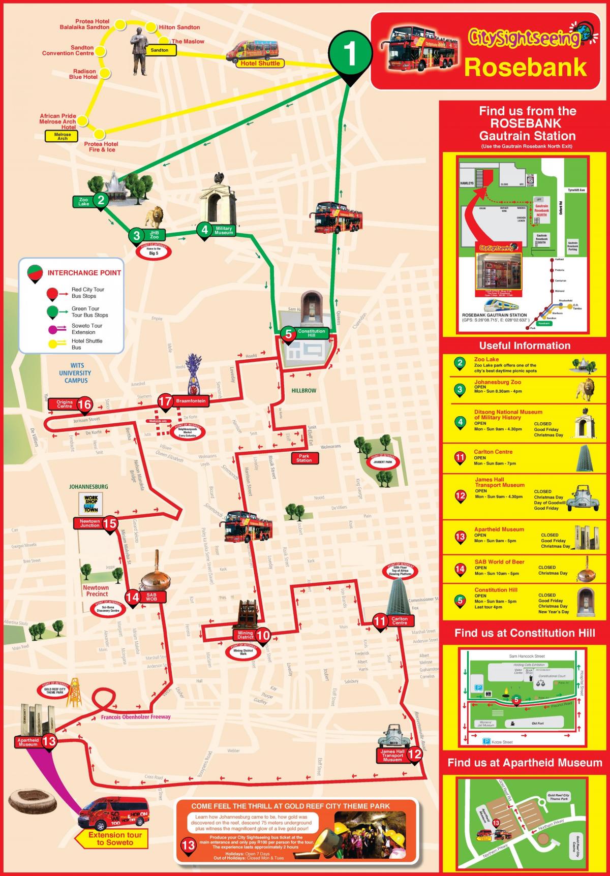 Joanesburgo (Joburg Jozi) Mapa dos passeios de ônibus Hop On Hop Off