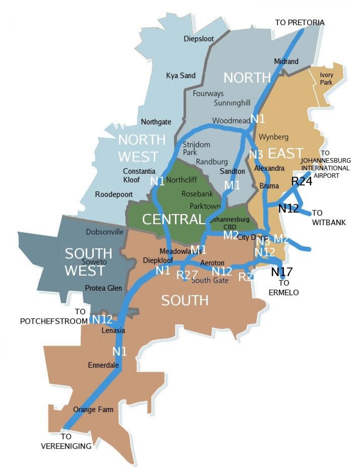Mapa de Joanesburgo (Joburg Jozi) transporte: zonas de transporte